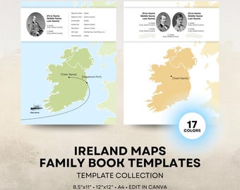 Irish Map - Family History Book Templates - 8.5x11 12x12 Square A4 Layouts - Digital Download for Canva