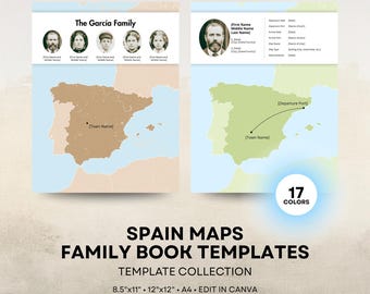 Spain Ancestry Map - Family History Book Templates - Spanish Genealogy Book Page - 8.5x11, 12x12, A4, Square - Canva Template