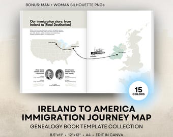 Ireland to America Ancestor Journey Map - Genealogy Book Template - Editable Canva Travel Map - 8.5x11 US Letter, 12x12 Square, A4