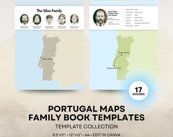 Portugal Ancestry Map - Family History Book Templates - Portuguese Genealogy Book Page - 8.5x11, 12x12, A4, Square - Canva Template
