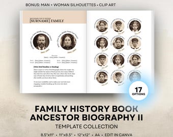 Ancestor Biography Templates  - Family History Pages - Genealogy Book - 8.5x11 Portrait, 11x8.5 Landscape 12x12 Square, A4