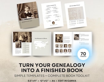 Genealogy Book Templates, Easy Canva Layouts, Family History, Timeline Census Migration Map Pages, Editable - 8.5x11, 12x12, A4