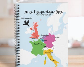 Europe Travel Journal - Softcover Customized Trip Itinerary Notebook - Europe Travel Journal - Custom Travel Gifts