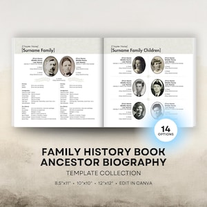 Mallar för släkthistoriska böcker - Samling av förfäderbiografier - Layouter 8,5x11 porträtt, 12x12, 10x10 kvadratiska - Digital nedladdning för Canva