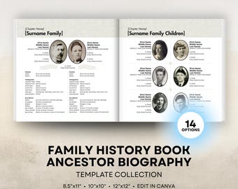 Family History Book Templates - Ancestor Biography Collection - 8.5x11 Portrait, 12x12, 10x10 Square Layouts - Digital Download for Canva