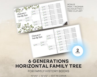 Family Tree Book Templates - 6 Generations Family Tree Printable - Genealogy Charts - 12x12, 10x10, Square - Canva Template