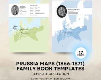 Prussia Map - Family History Book Templates - 8.5x11 12x12 Square A4 Layouts - Digital Download for Canva