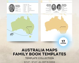 Australia Map - Family History Book Templates - 8.5x11 12x12 Square A4 Layouts - Digital Download for Canva