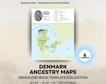 Denmark Ancestry Map - Family History Book Templates - Danish Genealogy Book Page - 8.5x11 12x12 Square A4 - Canva Template