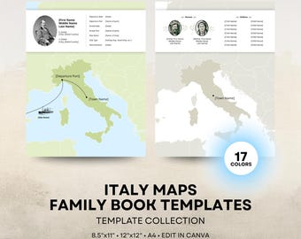 Italy Map - Family History Book Templates - 8.5x11 12x12 Square A4 Layouts - Digital Download for Canva