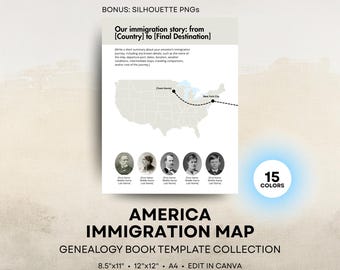 American Ancestor Journey Map - Genealogy Book Template - Editable Canva Travel Map - 8.5x11 US Letter, 12x12 Square, A4