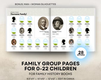 Family History Book Templates - Oval Family Groups - 8.5x11 Portrait, 12x12, 10x10 Square Layouts - Digital Download for Canva