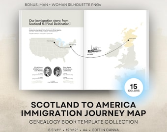 Scotland to America Ancestor Journey Map - Genealogy Book Template - Editable Canva Travel Map - 8.5x11 US Letter, 12x12 Square, A4