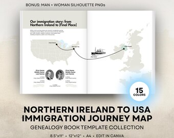 Northern Ireland to America Ancestor Journey Map - Genealogy Book Template - Editable Canva Travel Map - 8.5x11 US Letter, 12x12 Square, A4