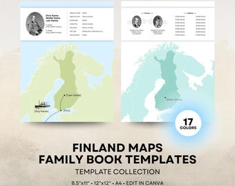 Finland Map - Family History Book Templates - 8.5x11 12x12 Square A4 Layouts - Digital Download for Canva