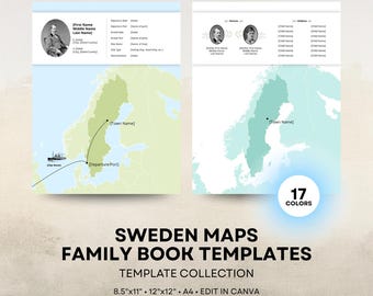Sweden Map - Family History Book Templates - 8.5x11 12x12 Square A4 Layouts - Digital Download for Canva