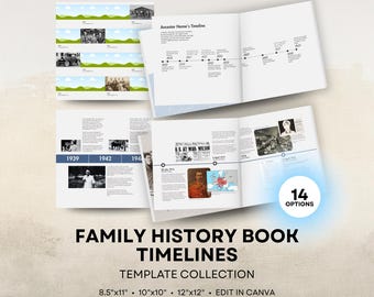 Family History Book Templates (Timelines) - 12x12 & 10x10 Square Layout - Digital Download for Canva