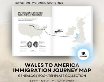 Wales to America Ancestor Journey Map - Genealogy Book Template - Editable Canva Travel Map - 8.5x11 US Letter, 12x12 Square, A4