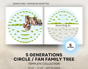 Family Tree Book Templates - 5 Generations Family Tree Printable - Fan Genealogy Chart - 12x12, 10x10, Square - Canva Template
