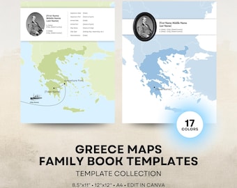 Greece Map - Family History Book Templates - 8.5x11 12x12 Square A4 Layouts - Digital Download for Canva