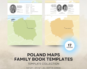 Poland Map - Family History Book Templates - 8.5x11 12x12 Square A4 Layouts - Digital Download for Canva
