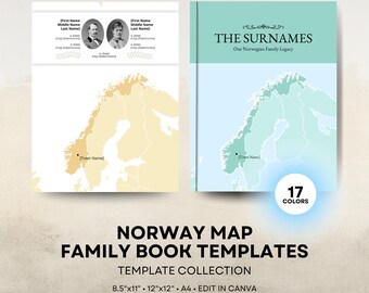 Norway Map - Family History Book Templates - 8.5x11 12x12 Square A4 Layouts - Digital Download for Canva