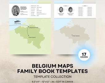 Belgium Ancestry Map - Family History Book Templates - Belgian Genealogy Book Page - 8.5x11 12x12 Square A4 - Canva Template