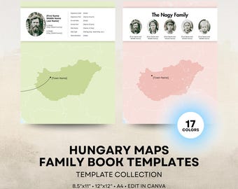Hungary Ancestry Map - Family History Book Templates - Hungarian Genealogy Book Page - 8.5x11 12x12 Square A4 - Canva Template