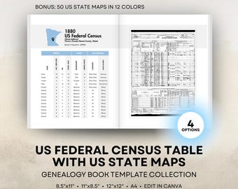 US Federal Census Record Templates – Ancestor Data Tables - 8.5x11 Portrait, 11x8.5 Landscape, 12x12 Square, A4