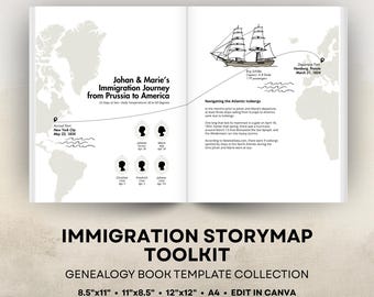 Immigration Story Map for Genealogy Books, Editable Canva Templates - 8.5x11 US Letter, 11x8.5 Landscape, 12x12 Square, A4