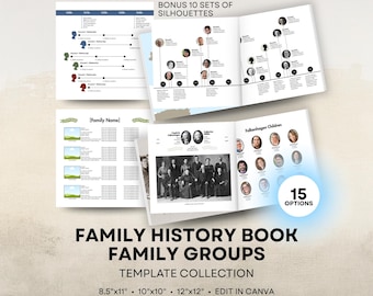 Family History Book Templates - Family Groups Collection - 8.5x11 Portrait, 12x12, 10x10 Square Layouts - Digital Download for Canva
