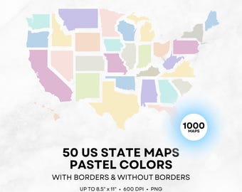 50 US State Maps - 10 Pastel Colors - 1000 Map PNG Clip Art