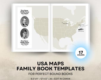USA Ancestry Map - Family History Book Templates - US States Genealogy Book Page - 8.5x11, 12x12, A4, Square - Canva Template