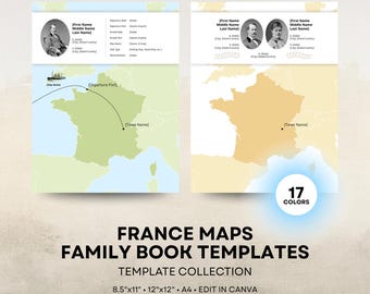 France Map - Family History Book Templates - 8.5x11 12x12 Square A4 Layouts - Digital Download for Canva