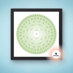 May include: A framed family tree chart with a circular design. The chart is divided into concentric circles, each containing spaces for names and dates. The background is white, and the chart has a light green color scheme. The frame is black, and the image has "9 OPTIONS" in the bottom right corner.
