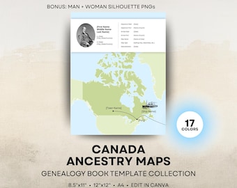 Canada Ancestry Map - Family History Book Templates - Canadian Genealogy Book Page - 8.5x11 12x12 Square A4 - Canva Template