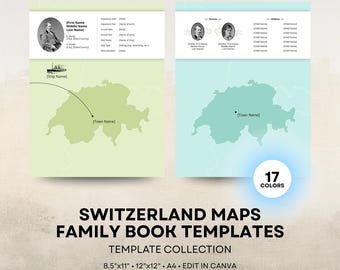 Switzerland Ancestry Map - Family History Book Templates - Swiss Genealogy Book Page - 8.5x11 12x12 Square A4 - Canva Template