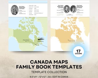 Canada Ancestry Map - Family History Book Templates - Canadian Genealogy Book Page - 8.5x11 12x12 Square A4 - Canva Template