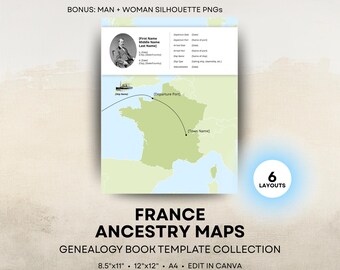 France Ancestry Map - Family History Book Templates - French Genealogy Book Page - 8.5x11 12x12 Square A4 - Canva Template