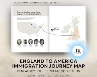 England to America Ancestor Journey Map - Genealogy Book Template - Editable Canva Travel Map - 8.5x11 US Letter, 12x12 Square, A4