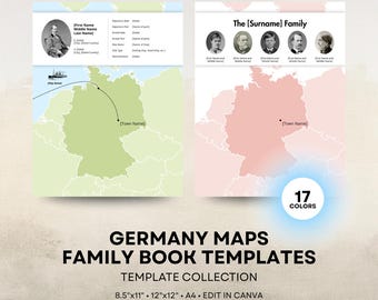 Germany Map - Family History Book Templates - 8.5x11 12x12 Square A4 Layouts - Digital Download for Canva