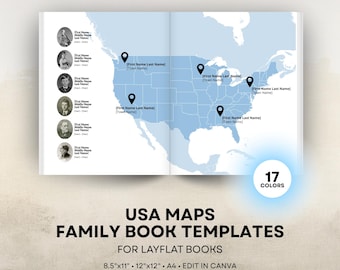 USA Ancestry Map - Family History Book Templates - US States Genealogy Book Page - 8.5x11, 12x12, A4, Square - Canva Template
