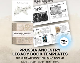 Prussia Family History Book Templates - Prussian Ancestry Book - 8.5x11, 12x12, 10x10 Square Layouts - Canva Templates