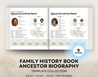 Family History Book Templates - Ancestor Biography Collection - 8.5x11 Portrait, 12x12, 10x10 Square Layouts - Digital Download for Canva