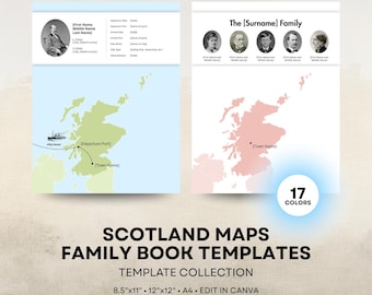 Scotland Map - Family History Book Templates - 8.5x11 12x12 Square A4 Layouts - Digital Download for Canva
