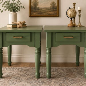 SOLD—Refinished Solid Wood Palliser Side Tables in Deep Sage Green