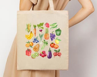 Veggie Tote Bag, Fruit Tote Bag, Farmers Market Bag, Vegetable Tote Bag Canvas, Watercolor Veggie Tote, Vegetable Harvest Bag, Shopping Bag