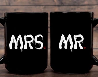 Spooky Mr Mrs Mug, Halloween Themed Wedding Gift, Goth Bride Gifts, Spooky Wedding Halloween Couples Mugs