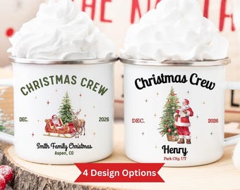 Personalized Matching Family Christmas Camp Mugs, Kids Enamel Hot Cocoa Mug, Holiday Family Reunion Favor, Christmas Trip Gift