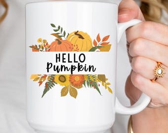 Hello Pumpkin Mug, Boho Autumn Coffee Cup, Fall Floral Pumpkin Mug, Autumn Decor